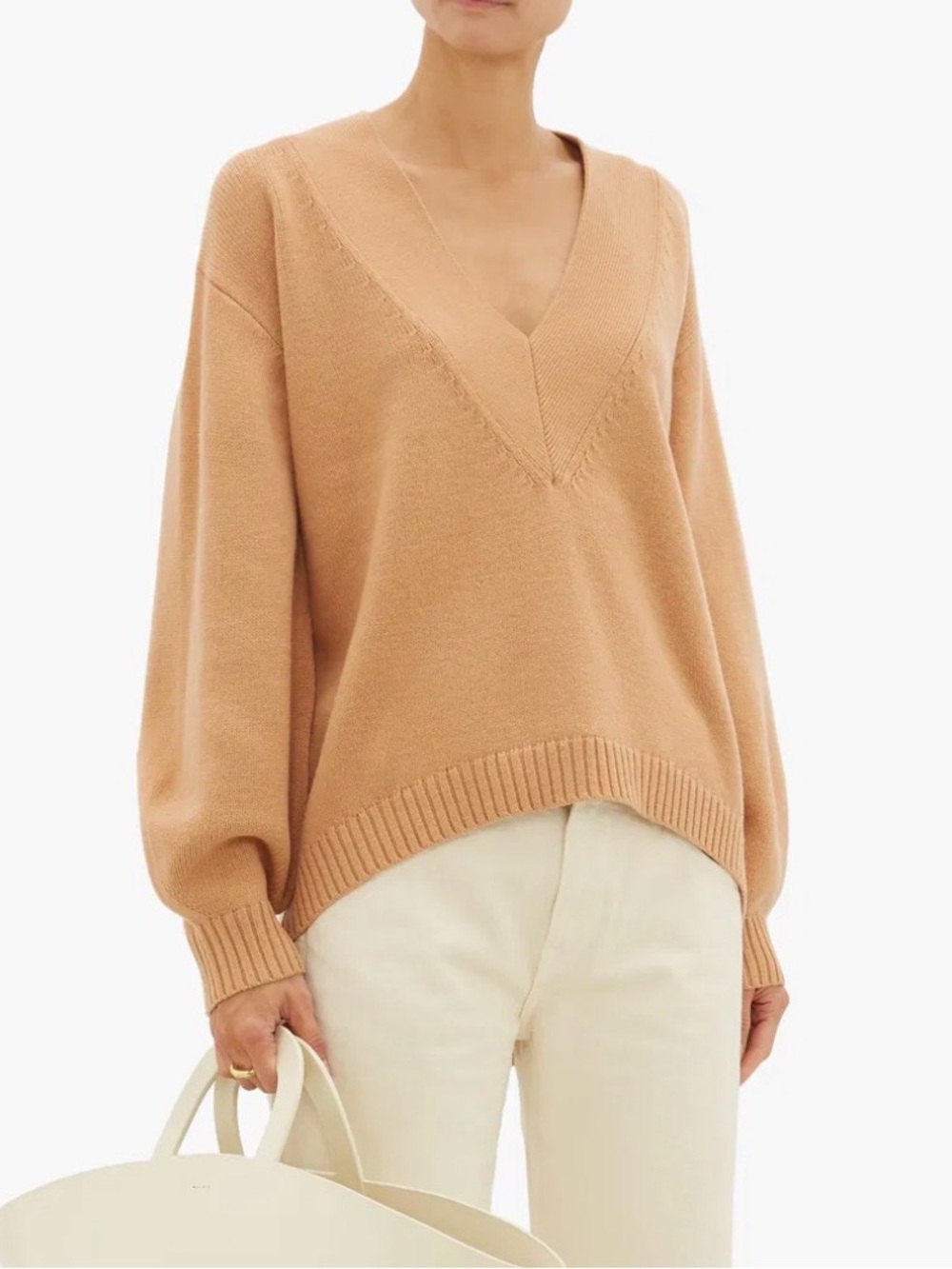 Tibi Merino Wool Camel V-Neck Knit Sweater